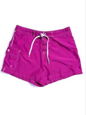 Vtg Y2K Raya Sun Fuchsia Magenta Boardshorts White Contrast Trim Embroidered